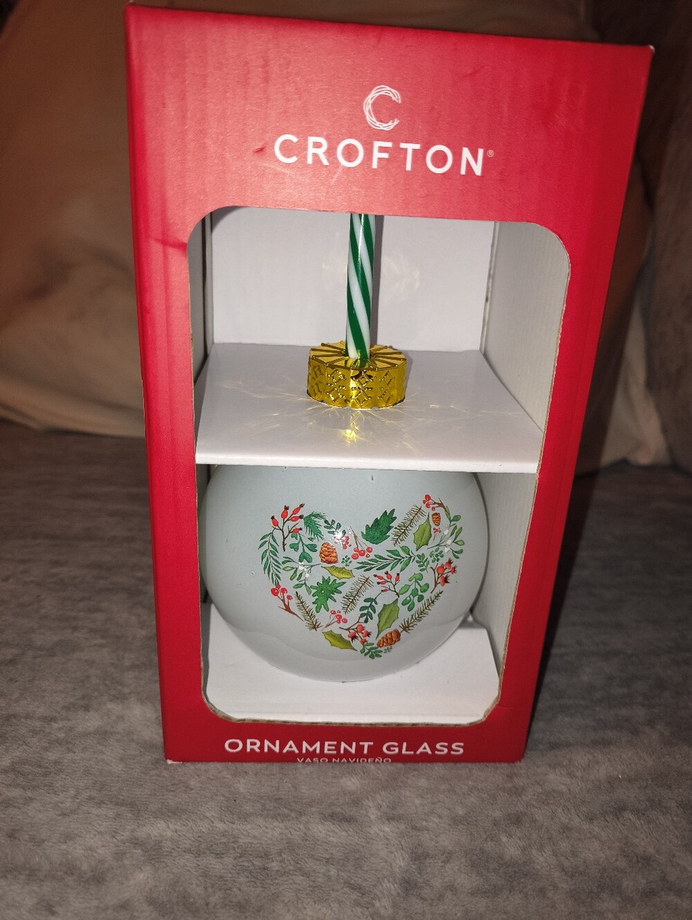 Croton White Glass Ornament with Green and Red Heart Wreath NWT